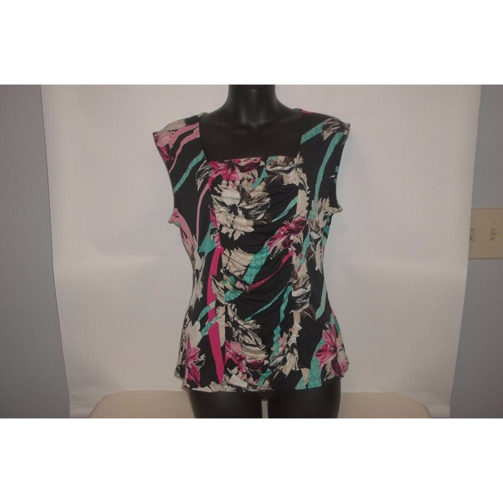 Style & Co. Misses Women's Floral Sleeveless Blouse Top SZ PL Black Floral Print